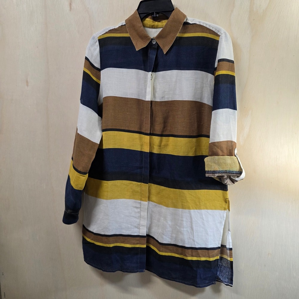 Chico's 100% Linen Striped Tunic Shirt Button Front Long Sleeve Size 0 S/M